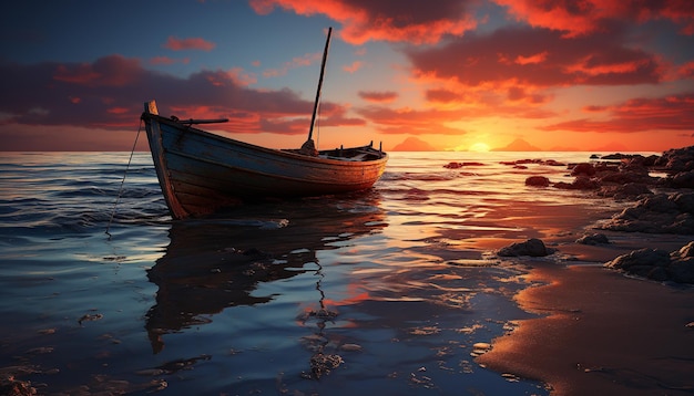 Photo gratuite le coucher du soleil sur des eaux tranquilles un navire nautique navigue dans le crépuscule généré par l'intelligence artificielle