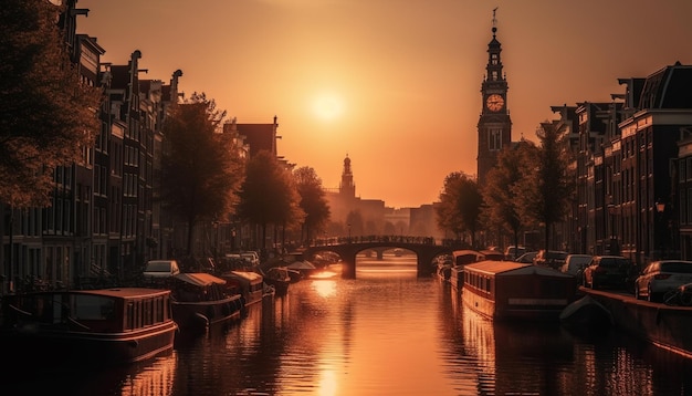 Photo gratuite le coucher du soleil illumine le célèbre pont reflétant sur le canal généré par l'ia