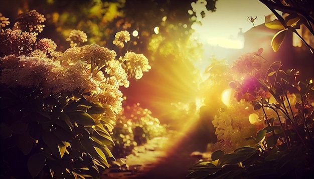 Le coucher du soleil met en évidence la beauté de la nature, les arbres et les prairies générés par l'IA