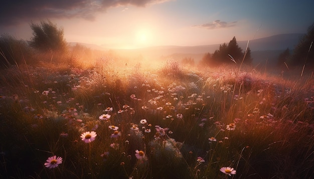 Photo gratuite le coucher du soleil sur les prairies, les fleurs sauvages fleurissent, la beauté de la nature dans une scène tranquille générée par l'intelligence artificielle.