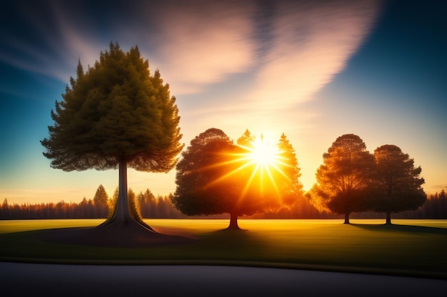 Photo gratuite un coucher de soleil avec des arbres au premier plan et le soleil qui brille à l'horizon.