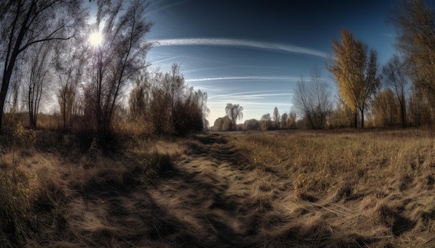 Photo gratuite coucher de soleil sur la branche d'arbre de prairie rurale rétroéclairée magnifiquement générée par l'ia