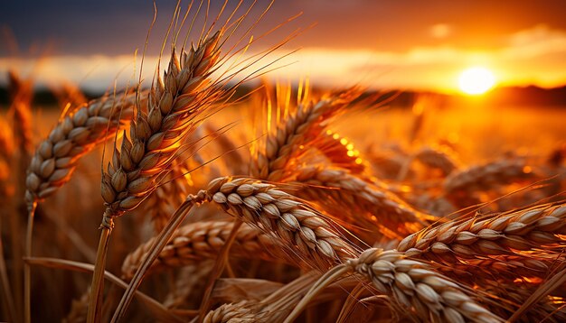 Coucher de soleil sur un champ de blé doré, récolte abondante générée par l'intelligence artificielle