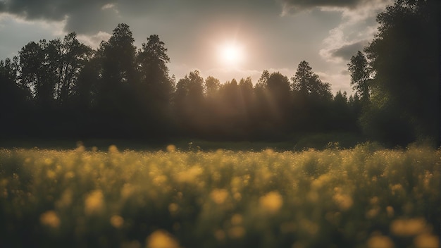 Photo gratuite coucher de soleil sur un champ de fleurs jaunes avec forêt en arrière-plan