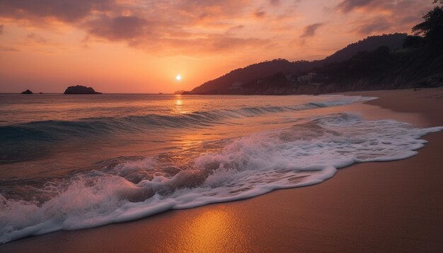 Photo gratuite le coucher de soleil sur la côte tranquille des vagues s'écrasant sur les plages de sable générées par l'intelligence artificielle