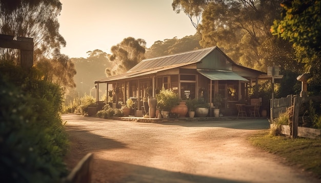 Photo gratuite coucher de soleil sur un cottage à l'ancienne dans un pré tranquille généré par l'ia