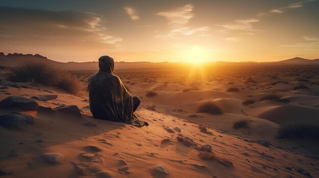 Un coucher de soleil à couper le souffle projetant des teintes dorées sur la vaste étendue désertique
