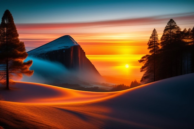 Photo gratuite un coucher de soleil dans le désert avec une montagne en arrière-plan