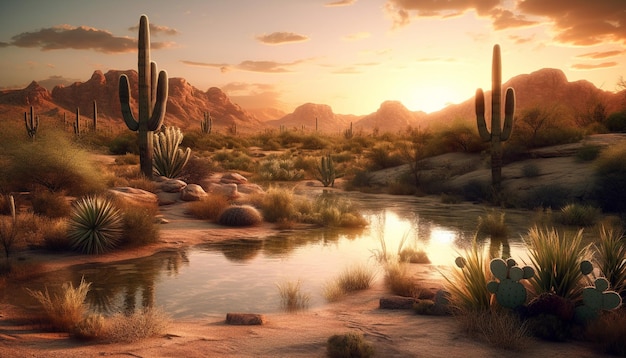 Photo gratuite le coucher de soleil sur le désert révèle la nature, la beauté tranquille et la réflexion générée par l'intelligence artificielle.