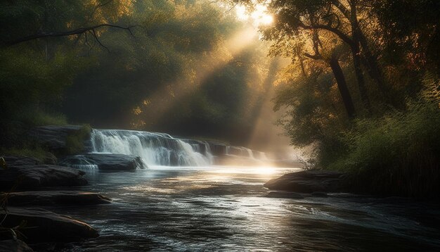 Photo gratuite coucher de soleil sur l'eau de la forêt qui coule paisiblement générée par l'ia