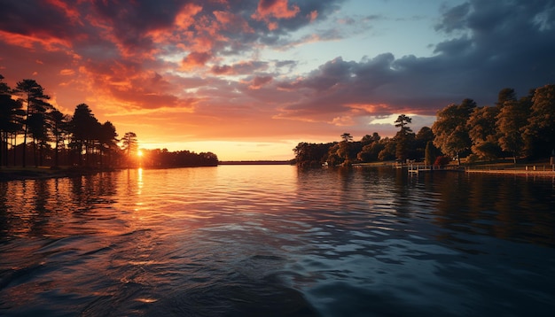 Photo gratuite le coucher de soleil sur l'eau tranquille reflétant la beauté de la nature générée par l'intelligence artificielle