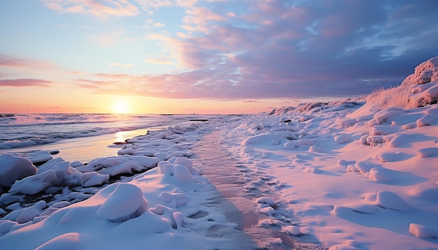 Photo gratuite un coucher de soleil hivernal tranquille, des montagnes couvertes de neige se reflétant dans l'eau glacée générée par l'ia.
