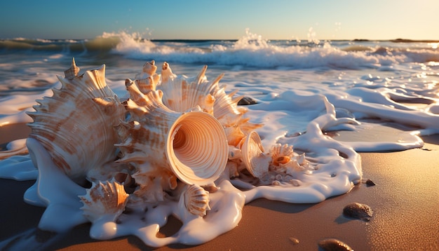 Coucher de soleil sur le littoral, vagues s'écrasant sur une plage de sable générée par l'intelligence artificielle