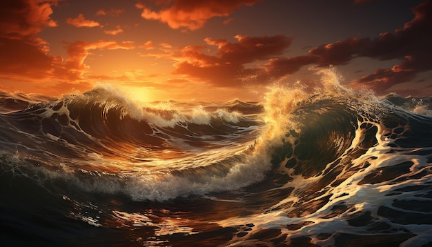 Photo gratuite coucher de soleil majestueux s'écrasant sur les vagues nature illustration abstraite générée par l'intelligence artificielle