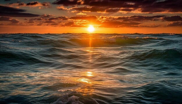 Coucher de soleil orange reflété sur l'horizon tranquille du paysage marin généré par l'IA