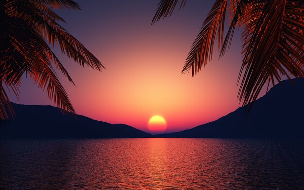 Coucher de soleil avec des palmiers et un lac