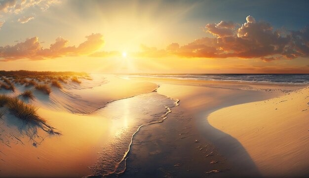 Un coucher de soleil sur la plage avec un coucher de soleil en arrière-plan