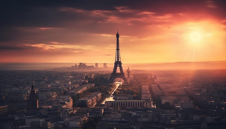 Photo gratuit coucher de soleil sur la silhouette du panorama de la ville moderne généré par l'ia