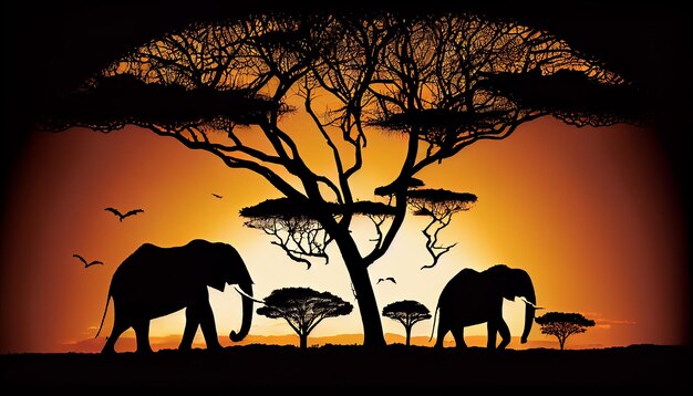 Coucher de soleil silhouette éléphant d'Afrique au milieu de la plaine de savane IA générative