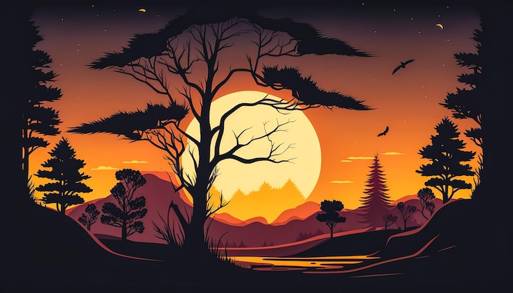 Photo gratuit le coucher de soleil et les silhouettes d'arbres dans les montagnes ia générative
