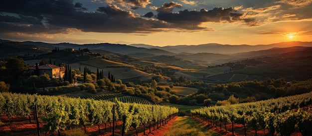 Photo gratuite coucher de soleil en toscane italie vue panoramique sur les vignobles en toscane