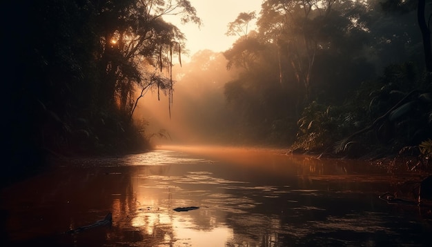 Photo gratuite un coucher de soleil tranquille sur l'eau de la forêt reflète la beauté générée par l'ia