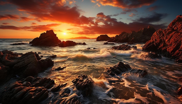 Photo gratuite coucher de soleil sur les vagues de la côte rocheuse brisant la beauté tranquille de la nature générée par l'intelligence artificielle