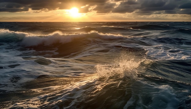 Photo gratuite le coucher de soleil sur les vagues de l'eau brisant la nature beauté tranquille générée par l'intelligence artificielle