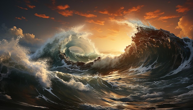 Coucher de soleil sur les vagues de l'océan écrasant la beauté abstraite de la nature générée par l'intelligence artificielle