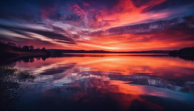 Un coucher de soleil vibrant se reflète sur un paysage aquatique paisible généré par l'IA