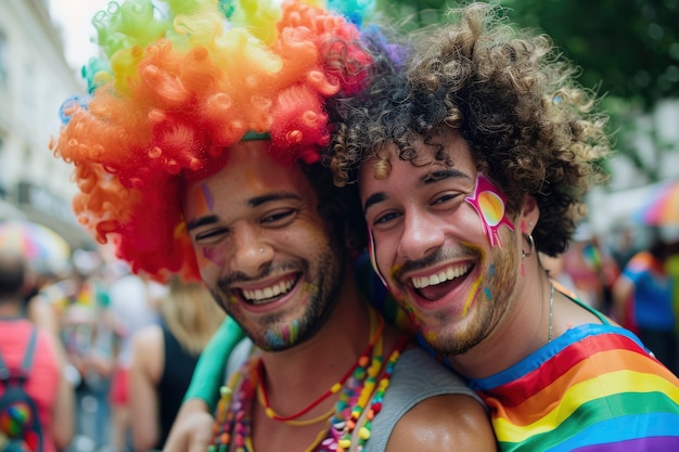 Des couleurs d'arc-en-ciel photoréalistes avec des hommes célébrant la fierté ensemble