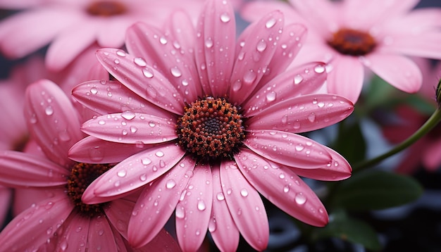 Photo gratuite couleurs vibrantes de la nature gros plan d'une marguerite violette humide générée par l'intelligence artificielle