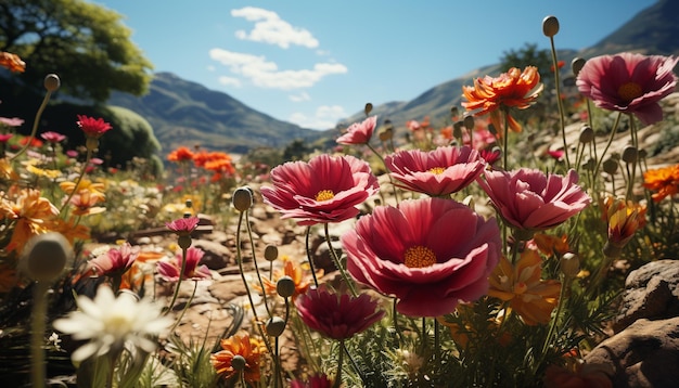 Photo gratuite des couleurs vives fleurissent dans la prairie naturelle, un bouquet d'été frais généré par l'intelligence artificielle