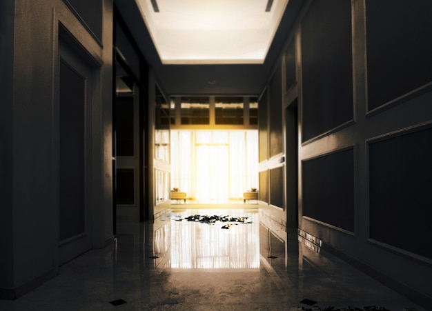 Couloir vide à l'intérieur du hall d'entrée de la maison avec un fond dramatique