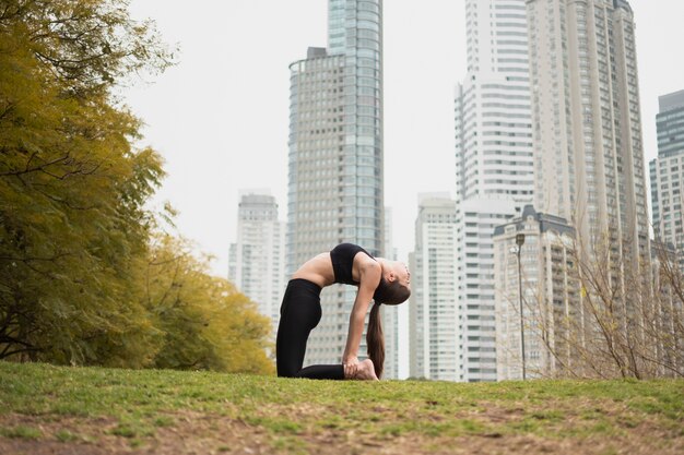 Coup complet fit femme qui s'étend en plein air