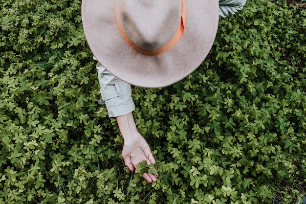 Photo gratuite coup de frais généraux d'une personne avec un chapeau fedora assis dans un champ de trèfle