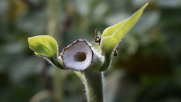 Photo gratuite coup de mise au point sélective d'une abeille assise sur une brindille coupée avec intérieur blanc