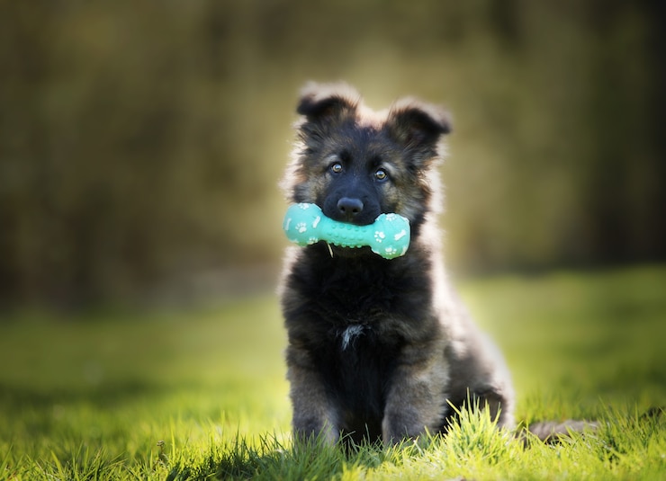 Photo gratuit coup de mise au point sélective d'un adorable chiot berger allemand avec un jouet à mâcher