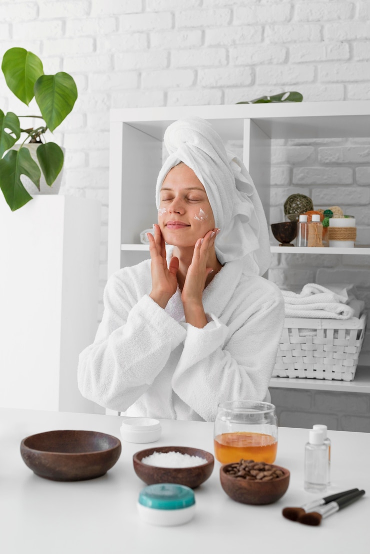 Photo gratuit coup moyen femme à l'aide de crème pour le visage