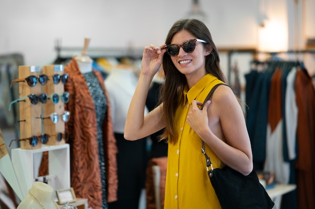 Coup moyen, femme, lunettes soleil