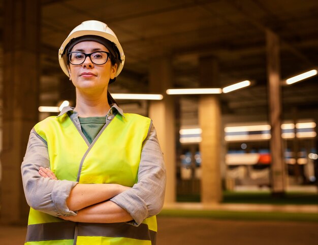 Coup moyen femme portant un gilet néon