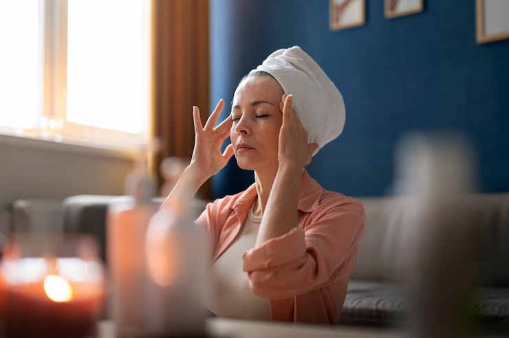 Photo gratuit coup moyen femme pratiquant le yoga facial