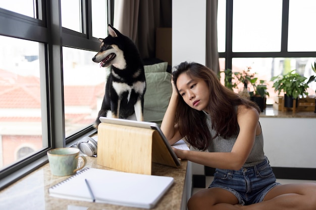 Coup moyen femme travaillant avec chien