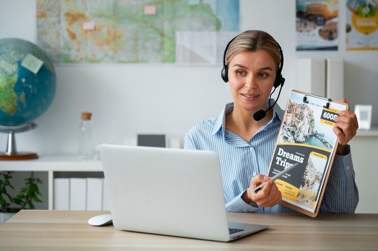 Photo gratuit coup moyen femme travaillant comme agent de voyage