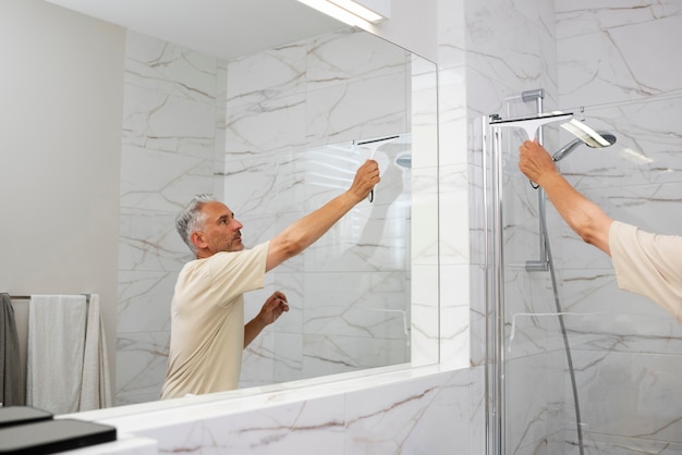 Coup moyen homme âgé nettoyant la douche