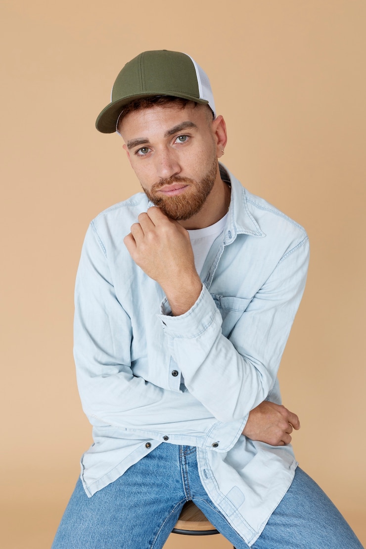 Photo gratuit coup moyen homme portant un chapeau de camionneur au studio