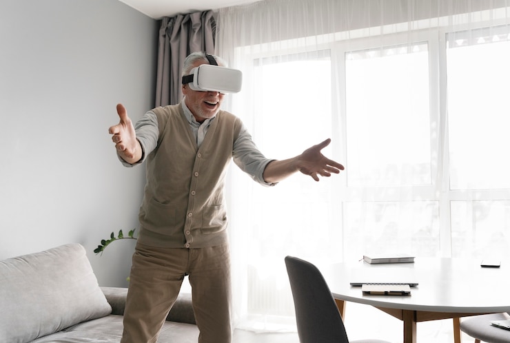 Photo gratuit coup moyen homme portant des lunettes vr à l'intérieur