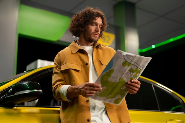 Coup moyen homme à la station-service