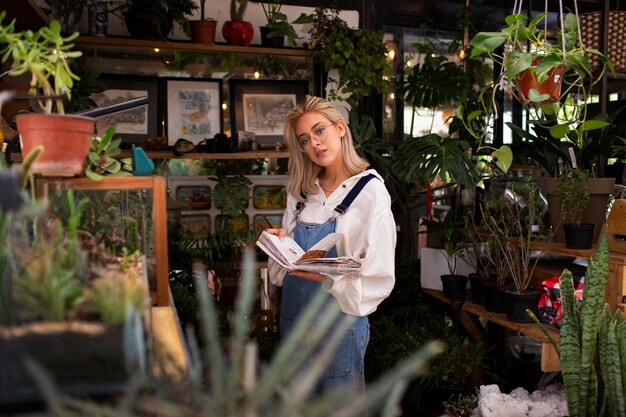 Coup moyen jeune femme entourée de plantes