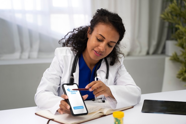 Photo gratuit coup moyen médecin tenant un smartphone